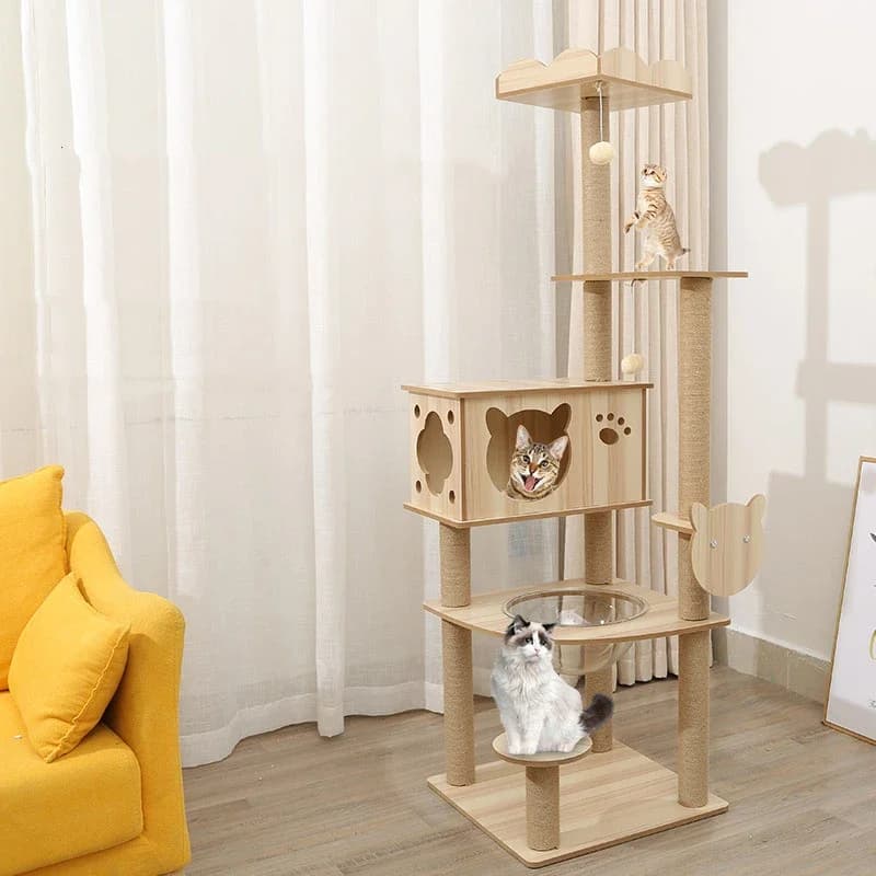 Aaa Cat Tree House Condos Torre per gatti in legno multistrato con corda in sisal Tiragraffi Peluche Struttura da arrampicata Amaca in tessuto