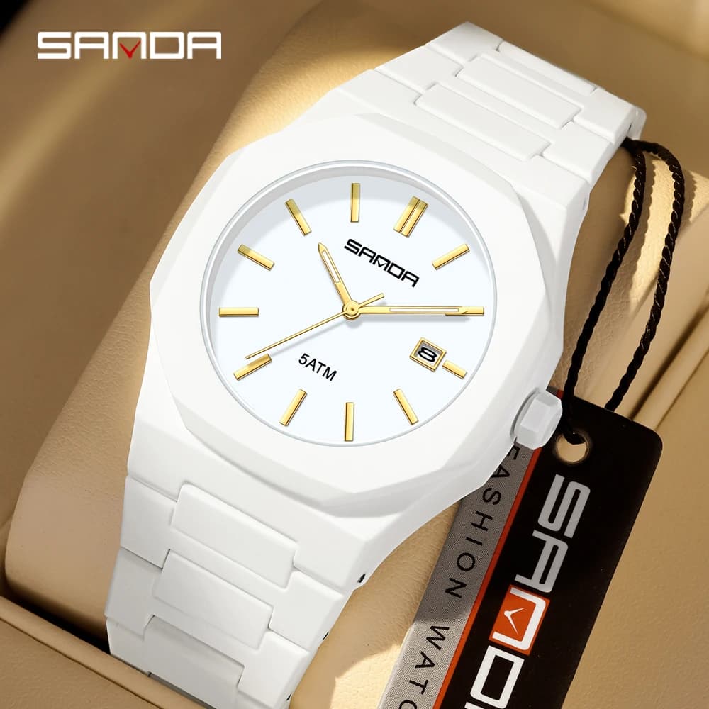 2025 SANDA Orologio al quarzo da uomo e da donna alla moda, quadrante bianco ottagonale impermeabile 5ATM, orologio da studente opaco 9091