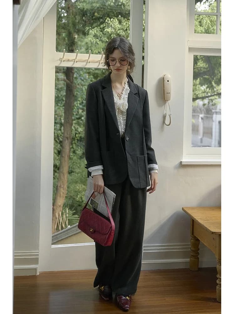 SimpleRetro Women's Retro Suit Set Anti-Wrinkle No-Ironing Shoulder Padded Autumn Winter Long Pants Jacket Outfit