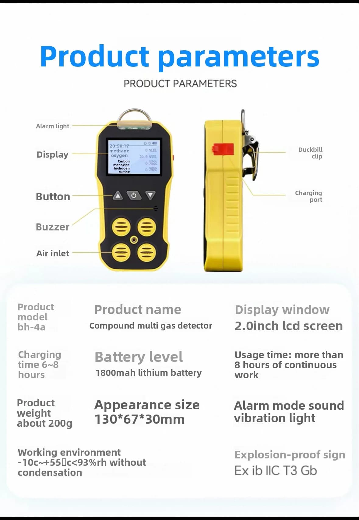 BH-40A Gas detector: methane oxygen carbon monoxide, hydrogen sulfide, carbon dioxide detector