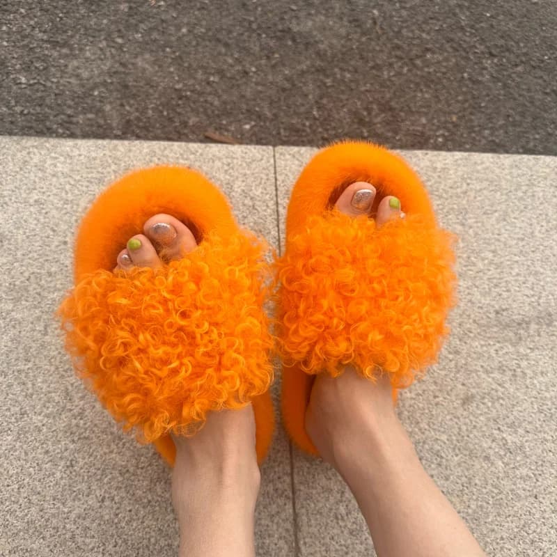 Ciabatte da donna in pelliccia di visone, morbide e soffici, sandali estivi alla moda, ciabatte in pelliccia da donna con punta aperta, antiscivolo, scarpe da casa in lana