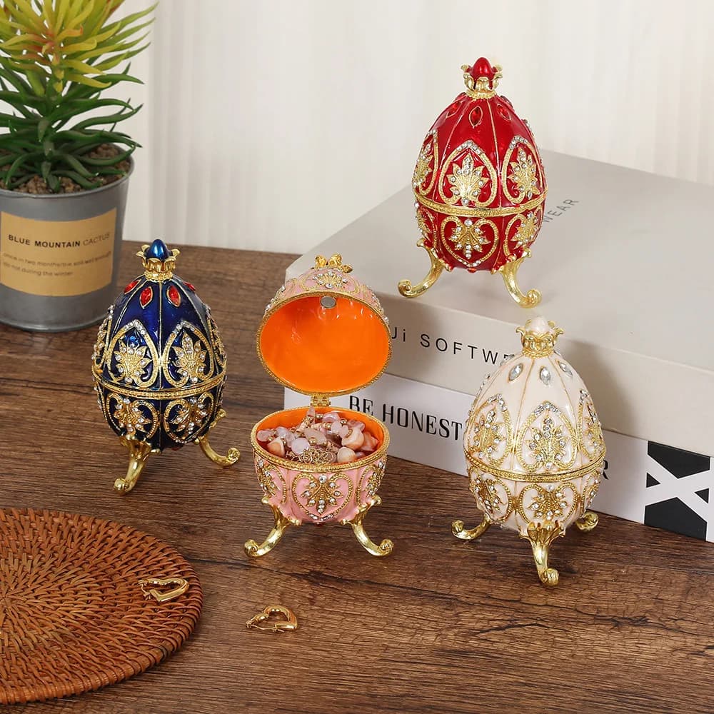 Scatola per gingilli stile uovo vintage con coperchio incernierato Scatola per tesoro piccola unica in metallo Ornamenti classici Regalo per la decorazione domestica