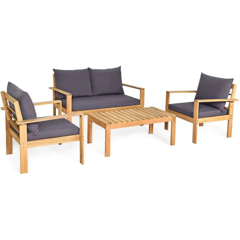Set da conversazione in legno di acacia da 4 pezzi, divano a 4 posti e tavolo con copertura impermeabile, finitura in teak (grigio)