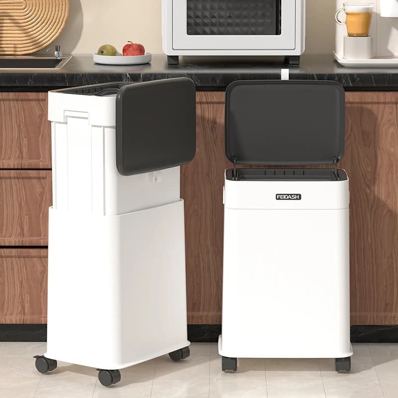 Bidone della spazzatura da cucina alto in plastica, contenitore per rifiuti con piedini mobili, grande coperchio scorrevole, cestino per carta, organizer regolabile in altezza
