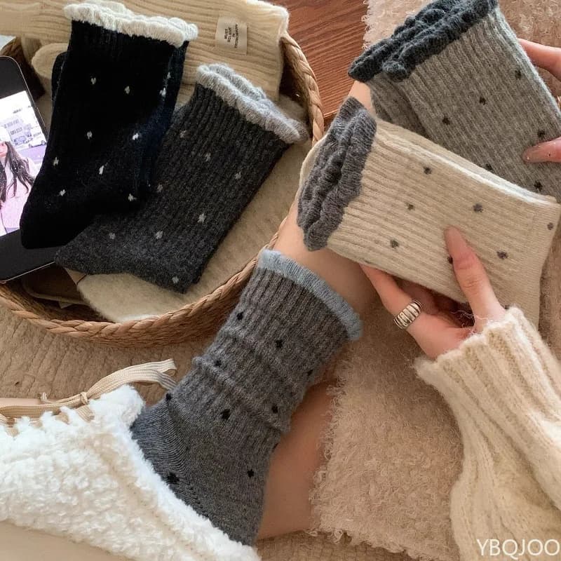 5 pairs Winter plush thick socks warm mid tube socks lace and polka dots fashionable and multifunctional long tube women's socks