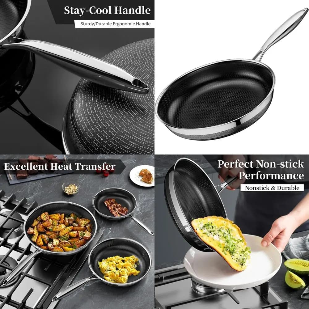 11 Three-layer hybrids titanium ceramic non-stick pans, honeycomb design, without PFOA/PFAS/PTFE, compatible with all cooking floors