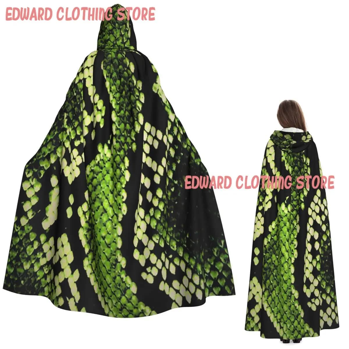 Emerald Black And Golden Egyptian Serpent Design Long Hooded Cloak Witch Medieval Costume Cosplay Cape HalloweenParty Unisex