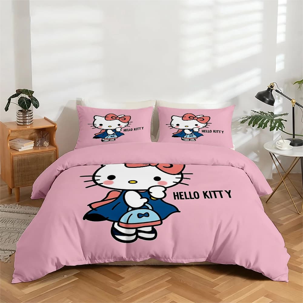 Set of bed linen with digital print in 3 pieces, set headdress with ocean theme pattern Hello Kitty, set headdress with large floral pattern, includes 1 headdress + 2 pillowcase, suitable for bedroom, guest room, home decoration, duvet cover + polyester fiber pillowcase, ultra soft bed linen, thick fabric, suitable for all seasons, washing machine