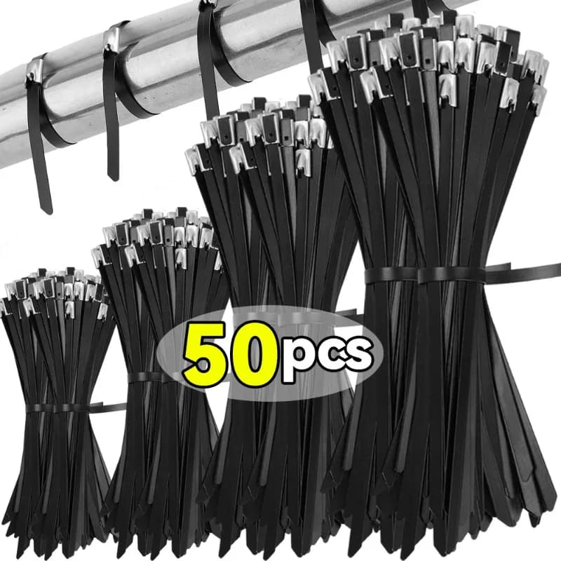 10/20/30/50pcs Fascette per cavi in acciaio inossidabile Cinghie di fissaggio autobloccanti in metallo Nero Heavy Duty Fascette per cavi Anelli di scarico