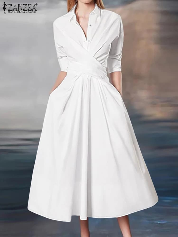 ZANZEA Women's Street Fashion Cross Waist Midi Dresses Elegant Long Sleeved Collar Pendolarism Solid Color Dresses