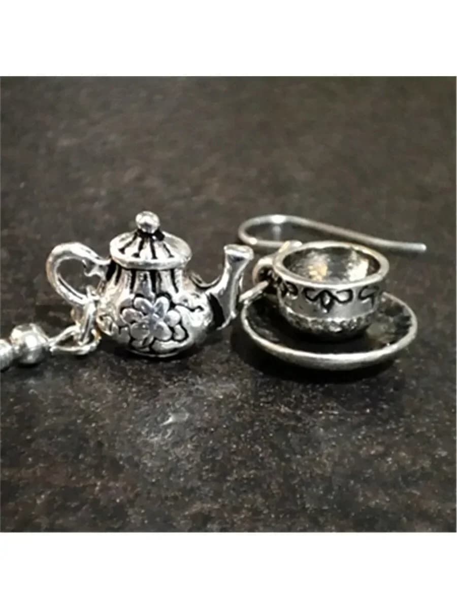 Vintage Style Tea Pot And Cup Dangle Earrings For Women