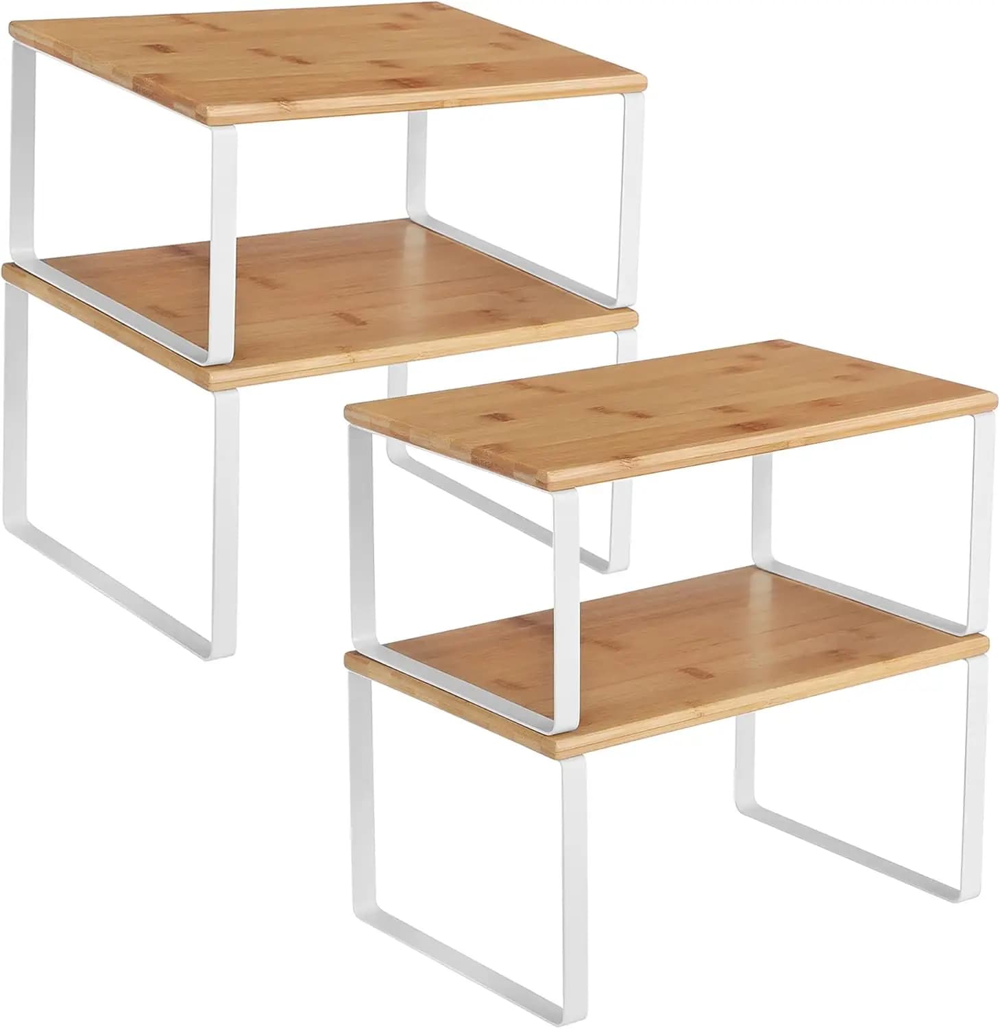 Set di 4 Scaffali da Cucina Impilabili, Porta Spezie Espandibile, Contenitori in Metallo e Legno Bianco e Beige