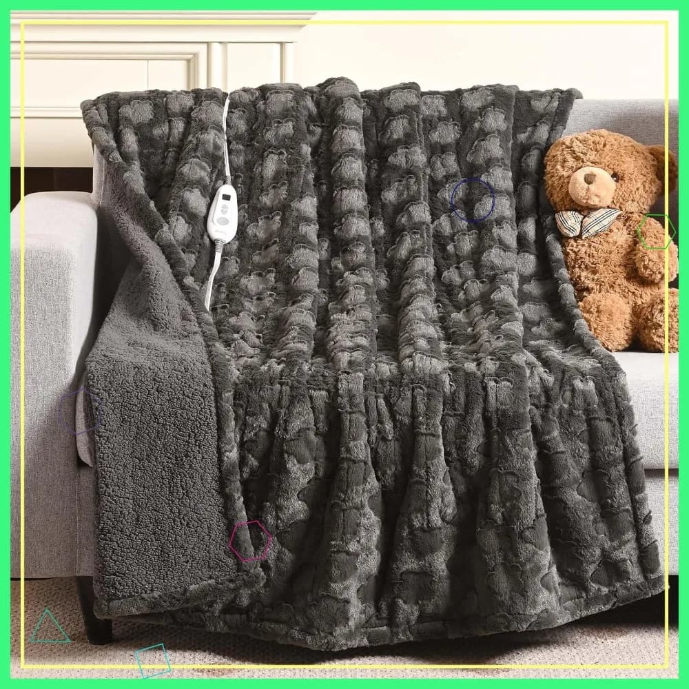 Coperta elettrica 50"×60", grigia con finta pelliccia floreale e sherpa, timer di spegnimento automatico 4 ore, 6 livelli di calore, certificata ETL, lavabile in lavatrice