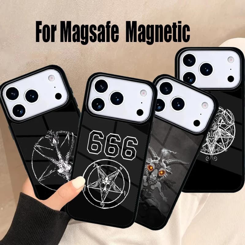 Cover Morbida Magnetica Wireless Magsafe con Pentagramma Satanico Baphomet per iPhone 17 Air 16e 15 14 13 12 11 Pro Max Plus