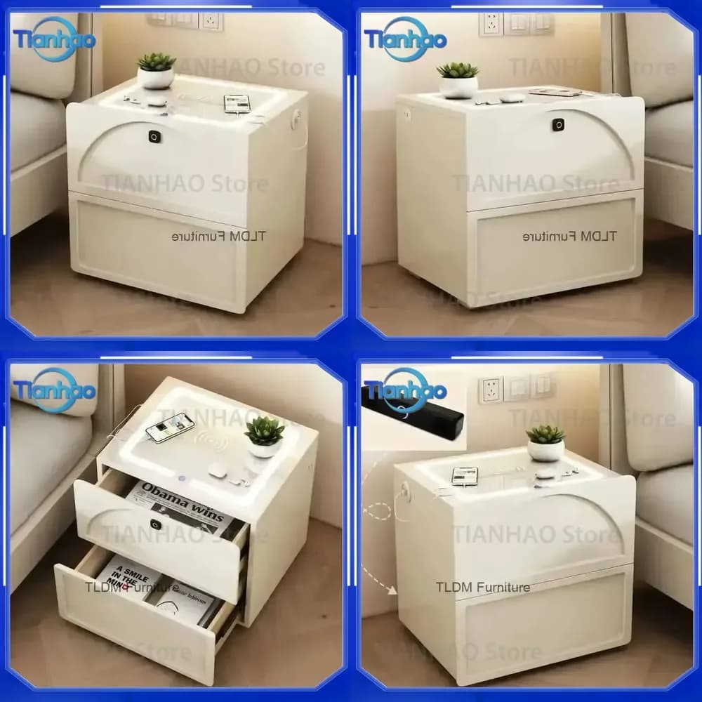 Modern Nightstands for Bed with Fingerprint Lock Smart Charging Desk Drawer Tables Wireless Charging White Criado Mudo