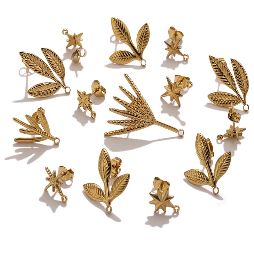 6 pcs. Stainless steel leaf shaped earrings, Boho style, for jewelry creation, connectors and bases for earrings