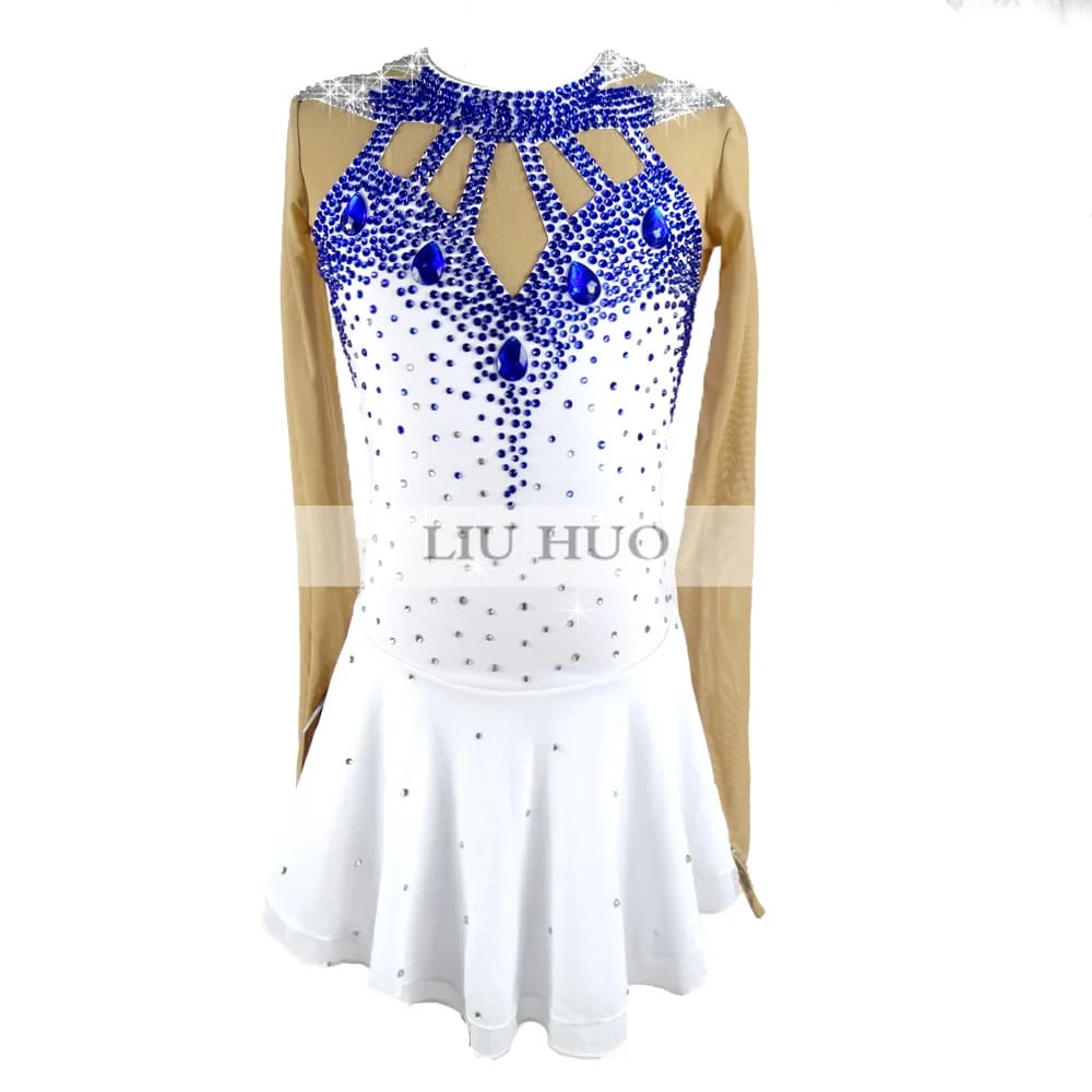 LIUHUO Donna Ragazza Performance Aldult Ginnastica Concorso Body Pattinaggio di Figura sul Ghiaccio Vestito Costume da Ballo Adolescente Gonna Bianca Blu