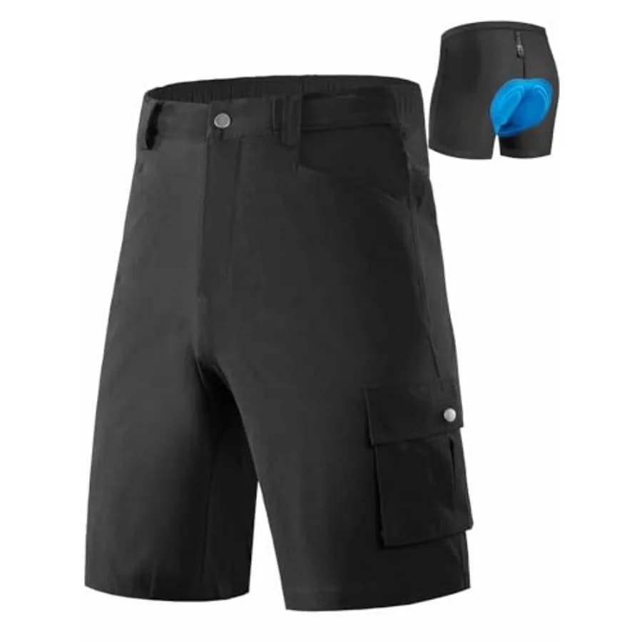 Men's MTB Bike Shorts with Removable Padded Mesh Liner, Elastic Waist with Hook and Snap, 2 Side Pockets + Cargo Pocket