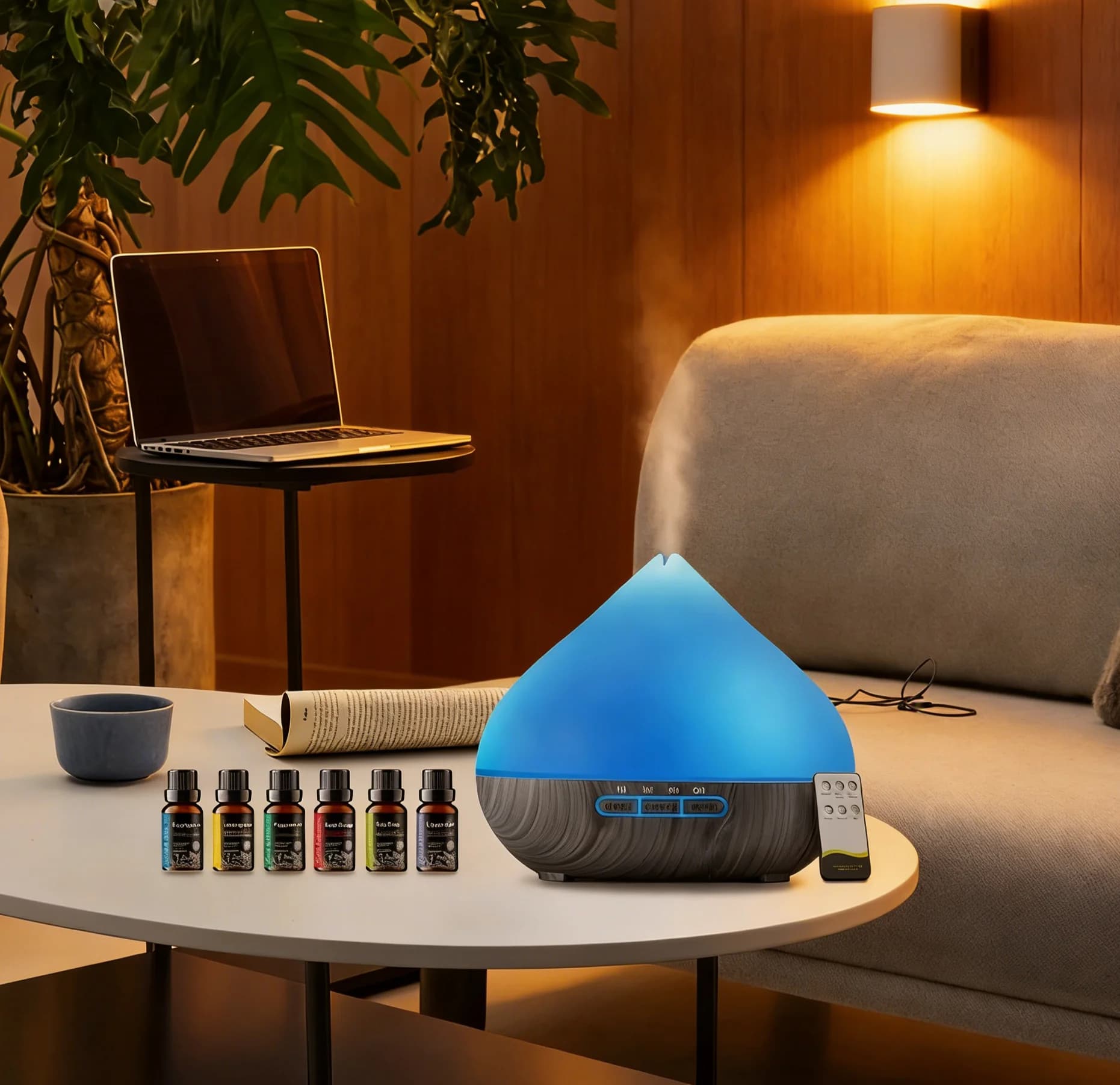 Umidificatore USB Soundwave da 16,91 once con nebulizzazione fredda, diffusore di oli essenziali silenzioso con telecomando, colore blu, per casa e ufficio