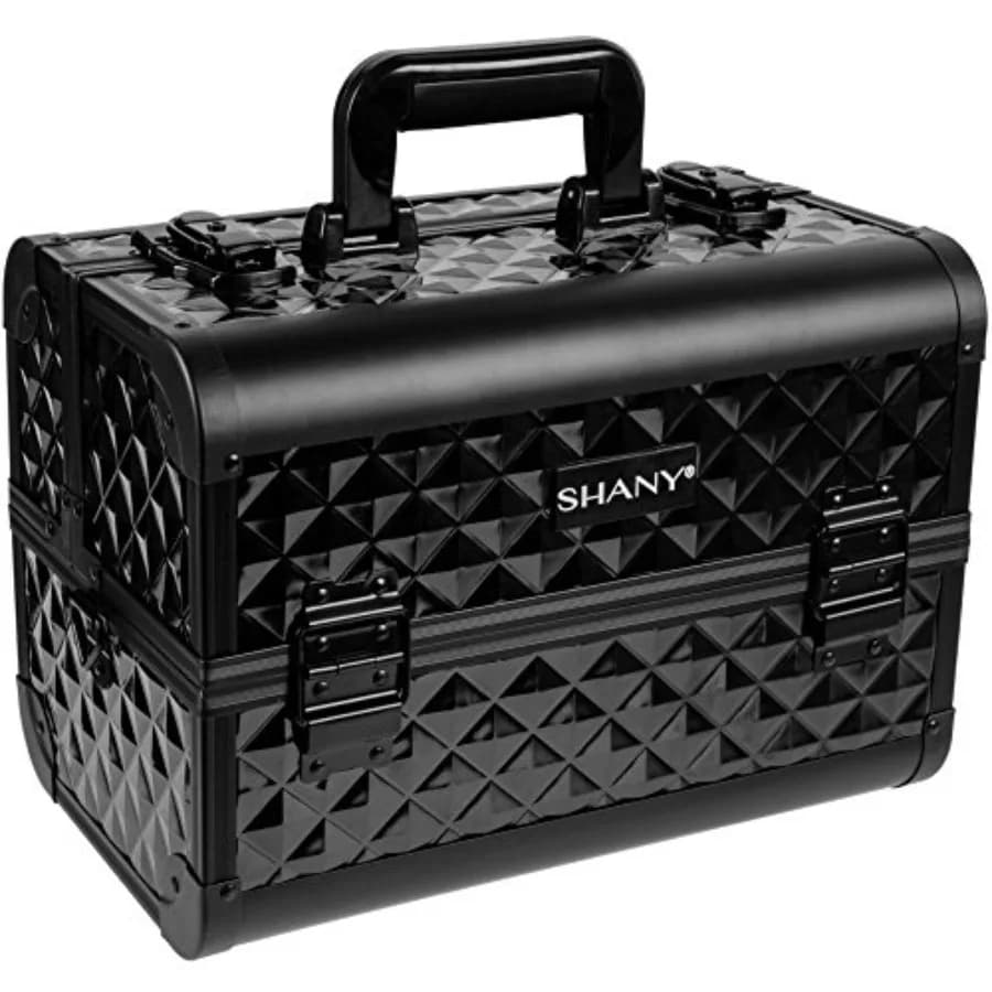 Valigetta Professionale per Trucco, Organizer Cosmetico Portatile con 3 Vassoi, Serrature, Porta Pennelli e Specchio per Viaggi, Nero Diamante