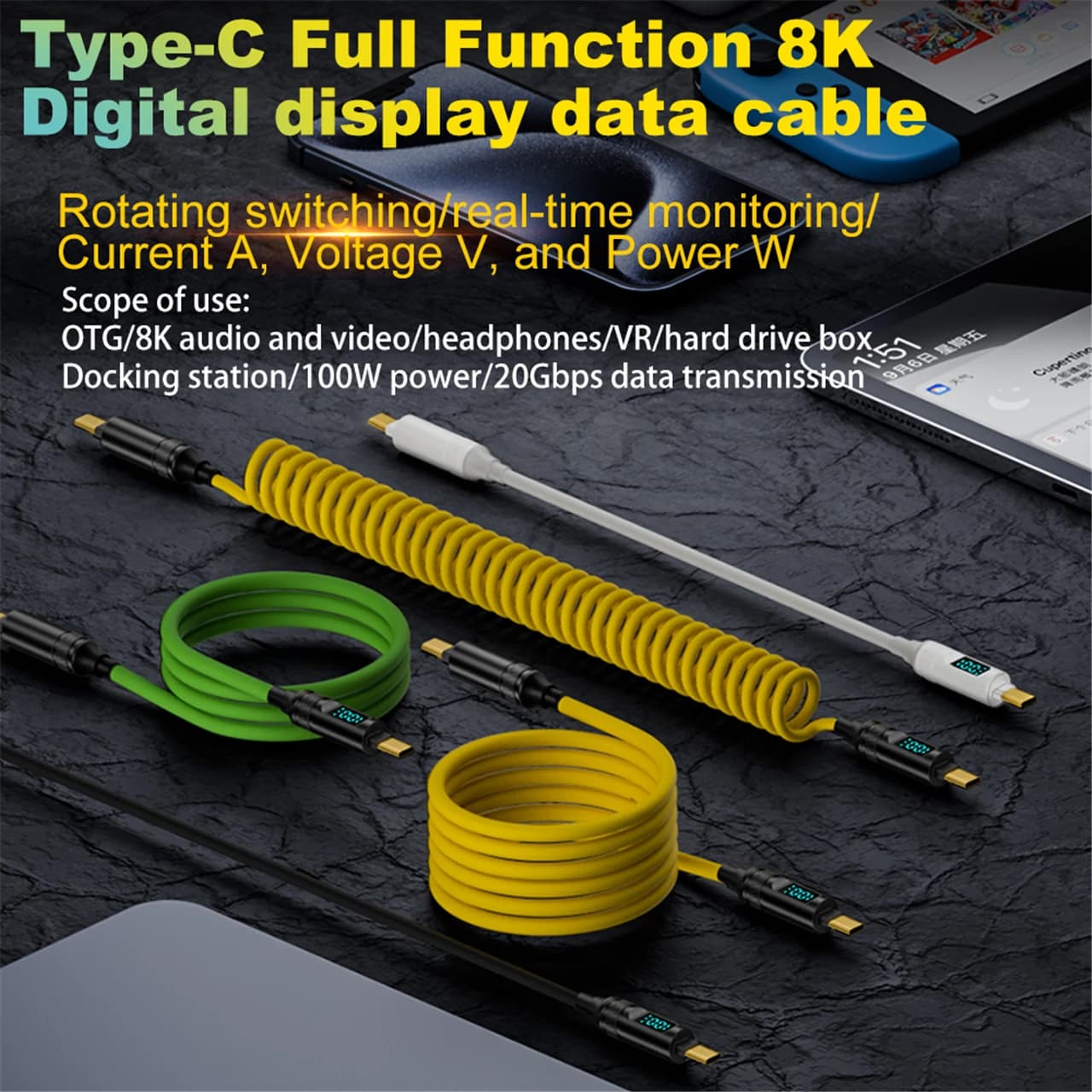 USB3.2 20Gbps USB C a Tipo C ThunderBolt 3 Cavo Display A LED 100W 5A Cavo USB-C Per iPhone 15 Pro MacBook Pro Samsung Xiaomi 2M