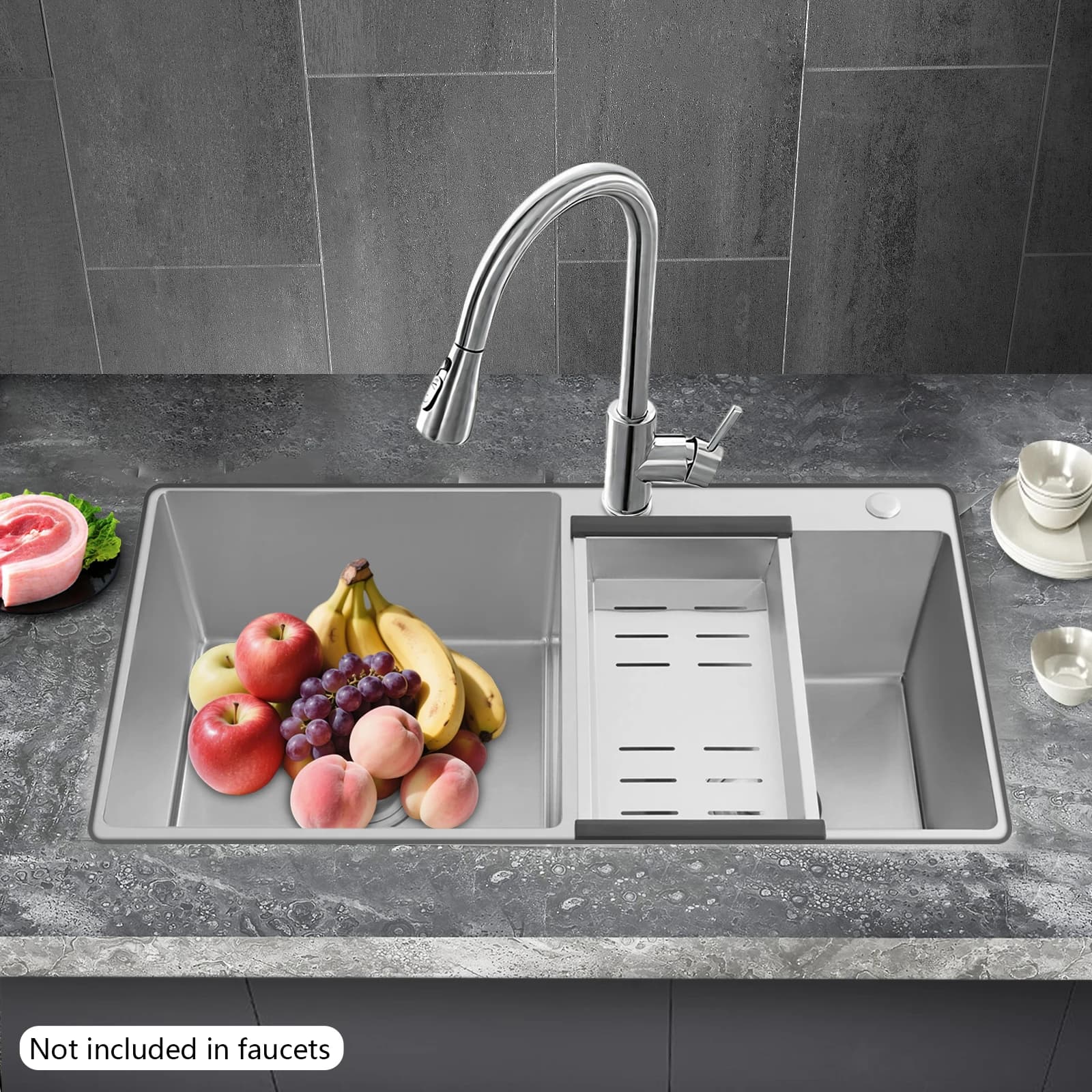 Lavello in Acciaio Inox con Sgocciolatoio, Design a Doppio Lavello, Filtri di Scarico e Cestello di Drenaggio Rimovibili