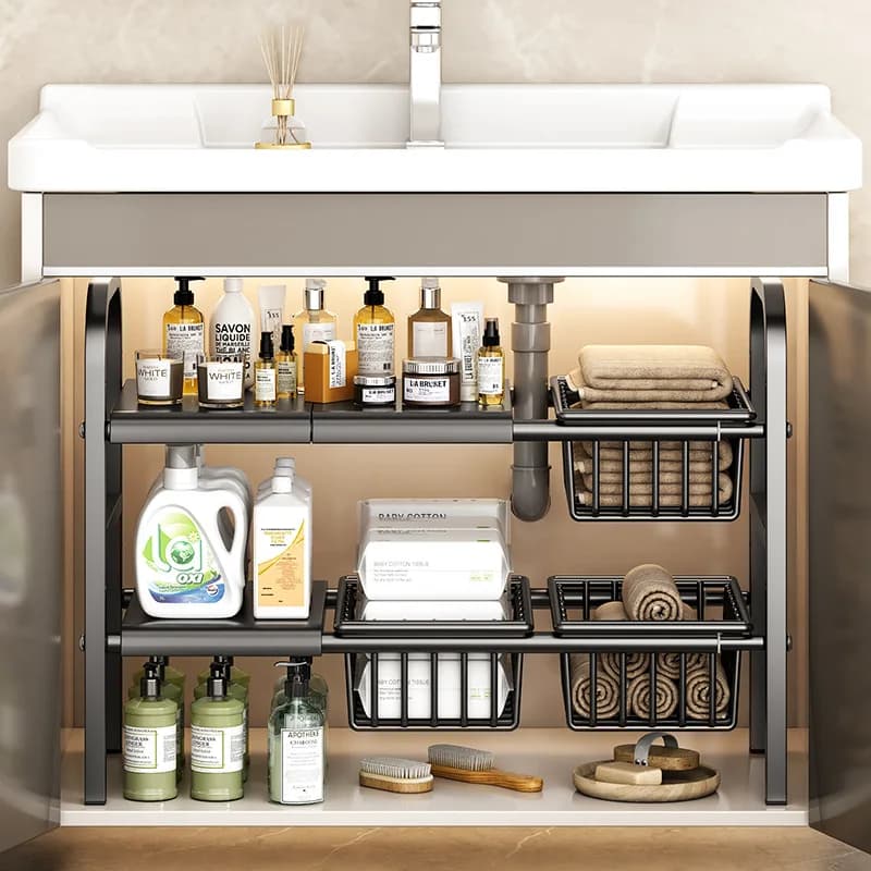 Retractable carbon steel kitchen utensils, popular, to be installed under the sink, layered shelves for locker, built-in single-block sink