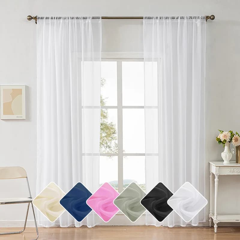 Solid Color Rod Pocket Sheer Curtains 3Pcs Translucent Shading Gauze Window Screen Cozy Tulle Curtain for Bedroom Living Room
