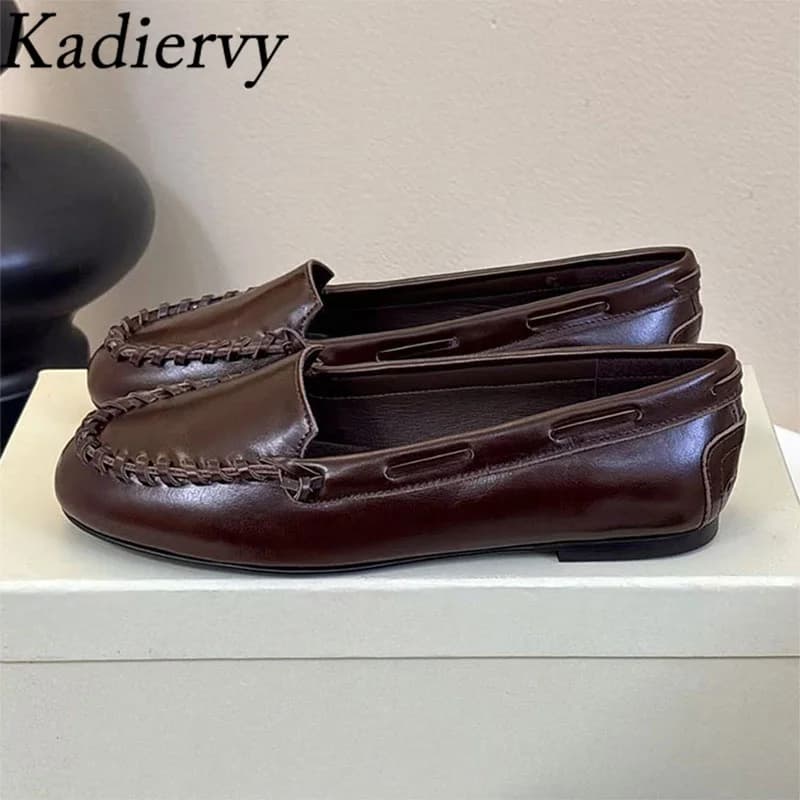New Moccasins Women's Round Slip-on Leather Suede Sewn Shoes Low Women's Footwear Office Footwear Women's Comfort Walking Shoes