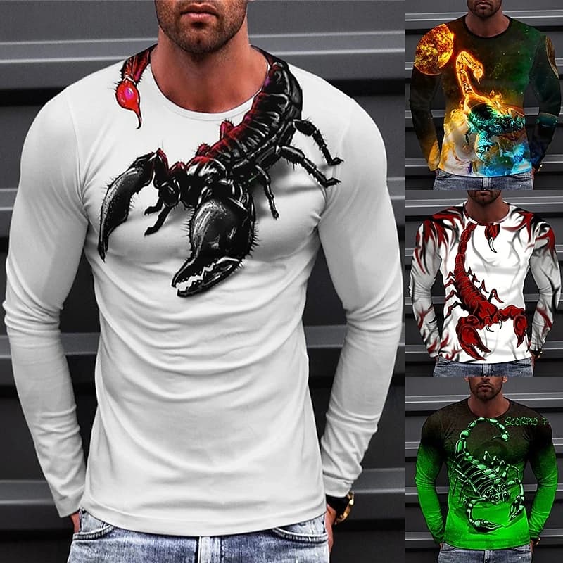 Trend Scorpion Pattern T-shirt primavera autunno moda O collo magliette a maniche lunghe stampate in 3D Casual Streetwear T-shirt da uomo allentate