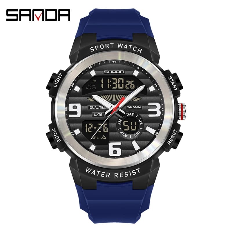 SANDA 3399 Fashion Men Electronic Quartz Watch Multifunctional Dual Display Watch Luminous Alarm Clock Calendar Watches for Man