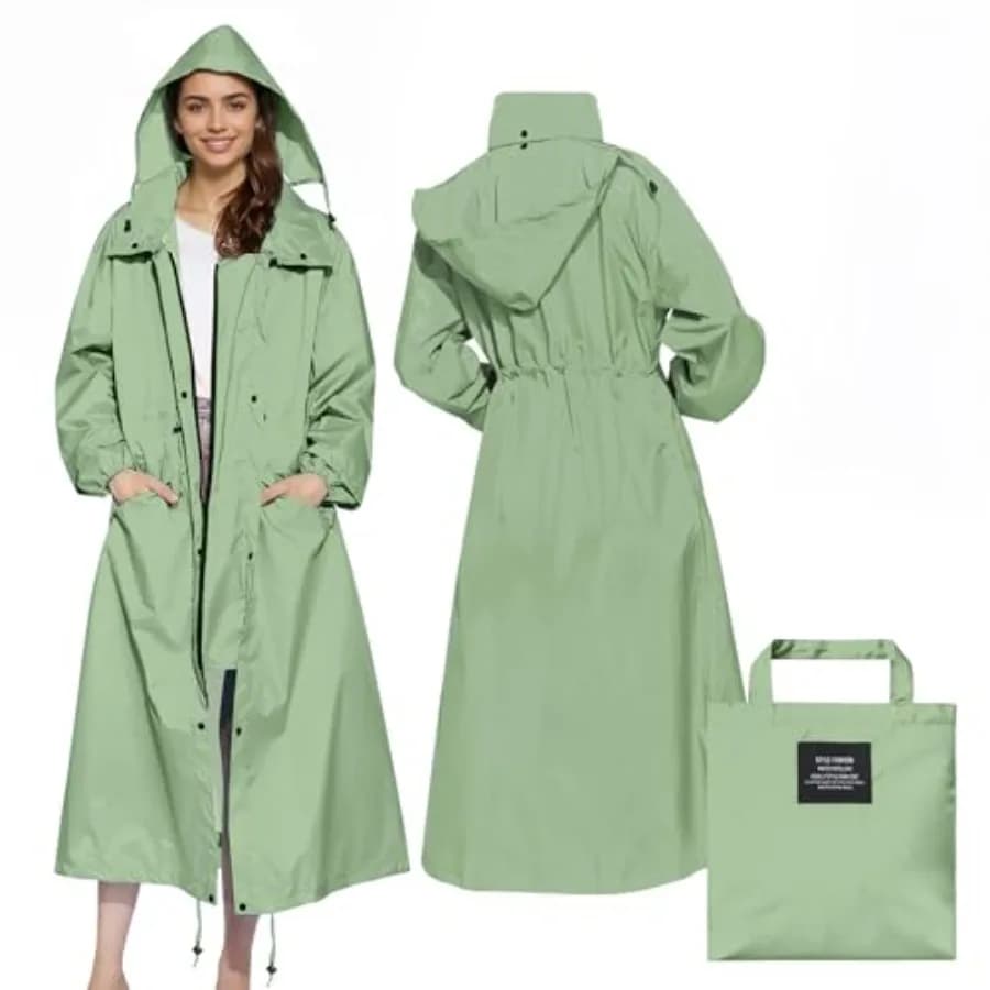 Womens Long Raincoats Rain Jacket Waterproof Packable Hooded Windbreaker Lightweight Adjustable Waist for Outdoor