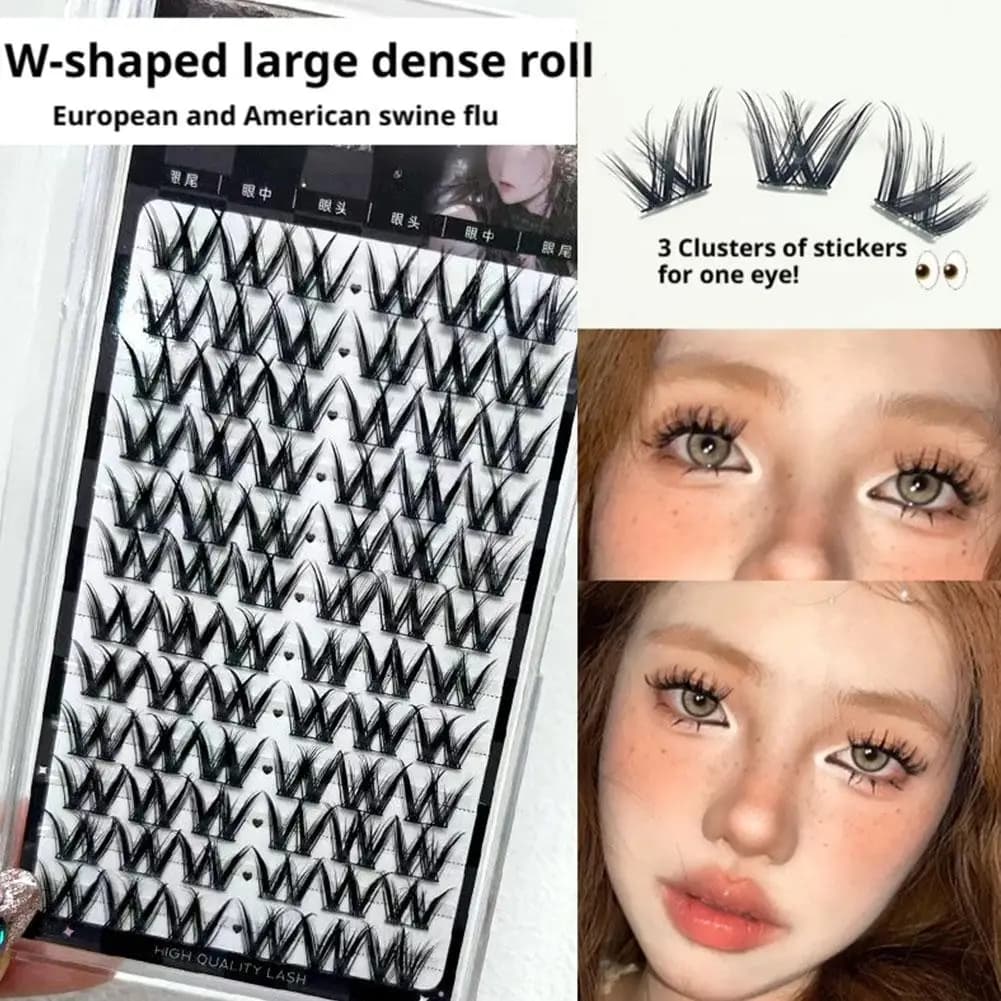 Ciglia a ciuffetti fai da te a forma di W, grande capacità, 12 file, effetto manga riccio e denso, per un trucco occhi naturale e drammatico con effetto occhi triplicati.