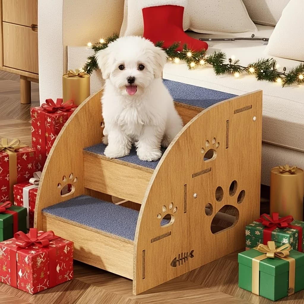 Scaletta per Cani da Letto, Scale in Legno per Cani di Piccola Taglia, Scaletta per Divano, Scala per Gatti Anziani, Antiscivolo a 3 Gradini Adatta per Altezze 35-48 cm