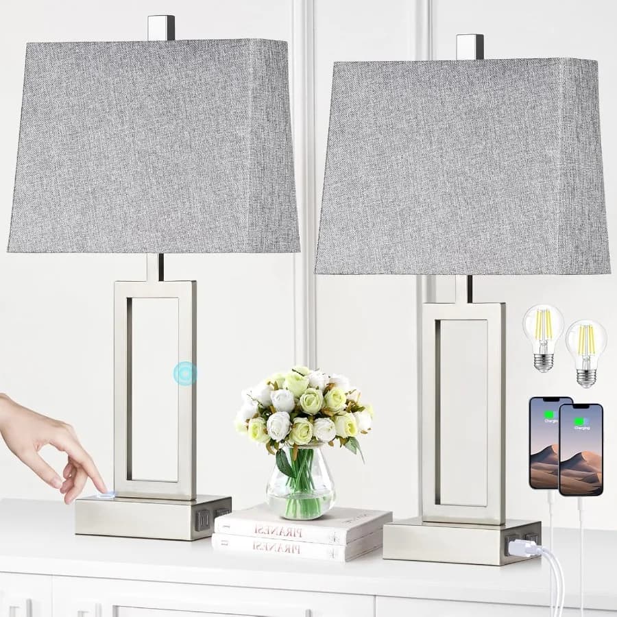 Lampade da tavolo Touch Control Set di 2 lampade da comodino moderne in argento con porte USB A+C e presa CA Dimmerabili a 3 vie Nig contemporanea