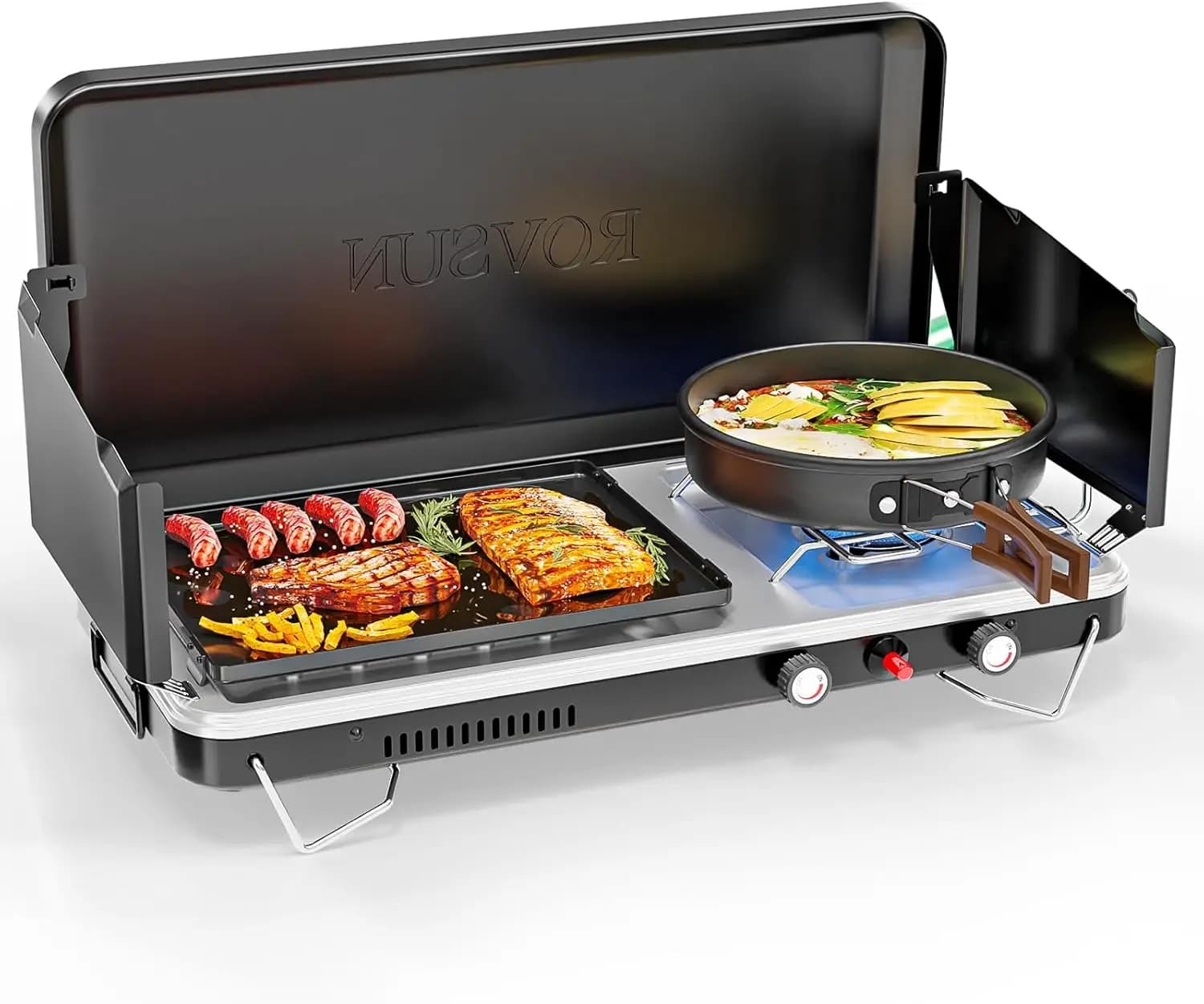 Portable 2-in-1 Camping Stove and Propane Grill featuring Enamel Griddle & Piezo Igniter, Tabletop Design with Built-in Handle,