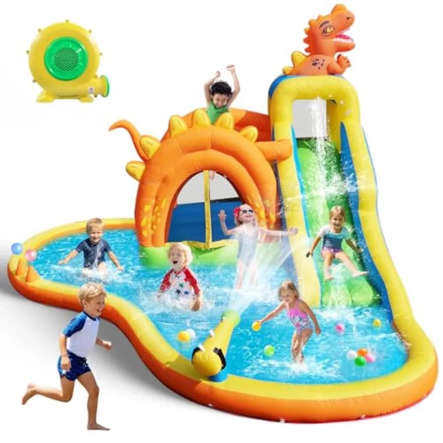 Parco Acquatico Gonfiabile a Tema Dinosauri - Castello Gonfiabile 7 in 1 con Scivolo, Area Salto, Piscina, Parete da Arrampicata e Canestro da Basket PV
