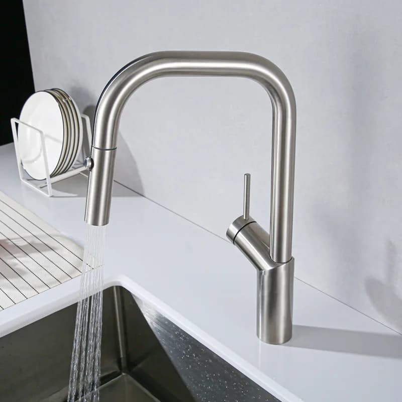Rubinetto da cucina in nichel, in acciaio inossidabile 304, estraibile, con doccetta a spruzzo, rotazione a 360°, miscelatore acqua calda e fredda