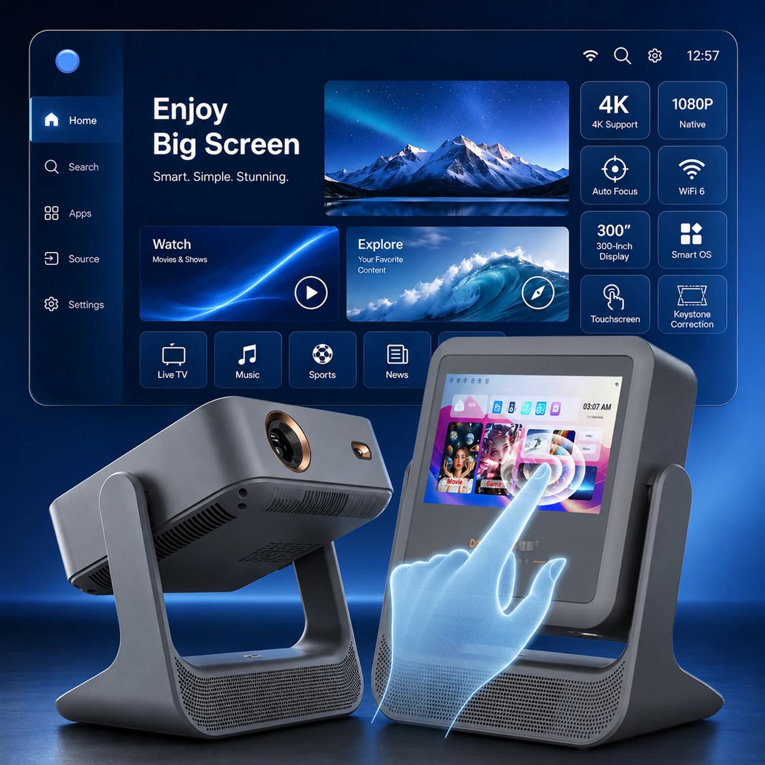 Office Household Smart Projector 7Inch Touch Auto Screen Fit 180°Rotate WiFi BT HDMI iOS Sync Luxury Gift Packaging