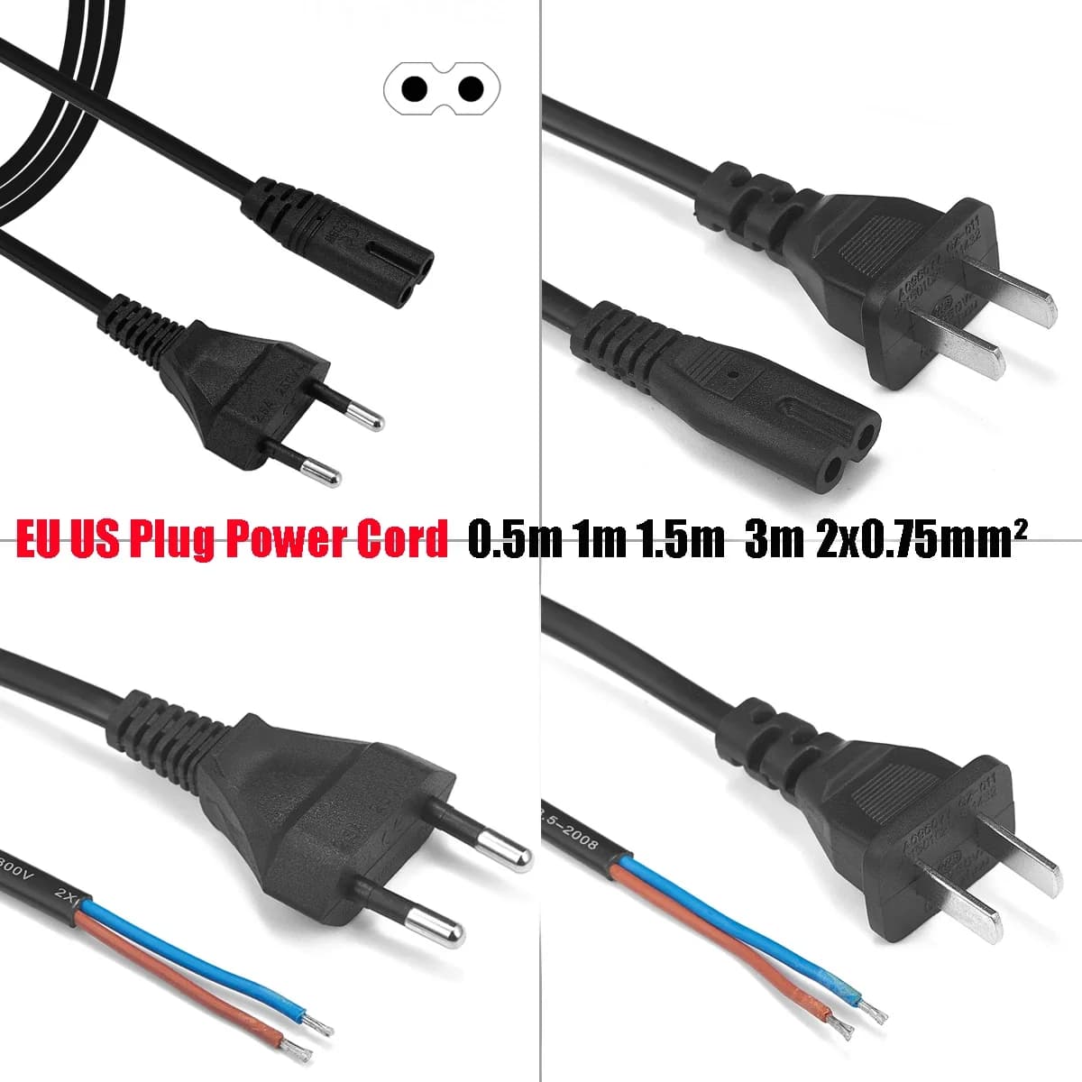 Cavo di alimentazione a spirale UE 220V Tipo C Cavo elettrico 0,5 m 1,5 m 3 m Spina Euro Cavo di alimentazione per lampade con presa di prolunga