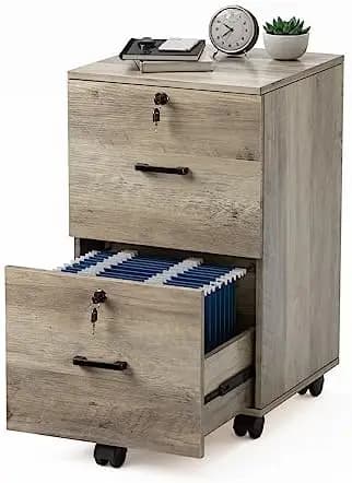 2 Drawer File Cabinet with Lock, Wood Rustic Gray Filing Cabinet for Letter Size File Folders with Tabs, Under Desk
