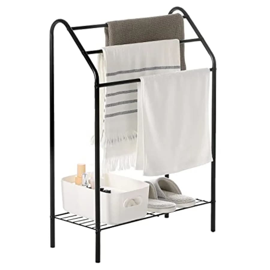 Portasciugamani da bagno autoportante con ripiano inferiore, stendino a 3 livelli per lavanderia, bagno, spa, piscina