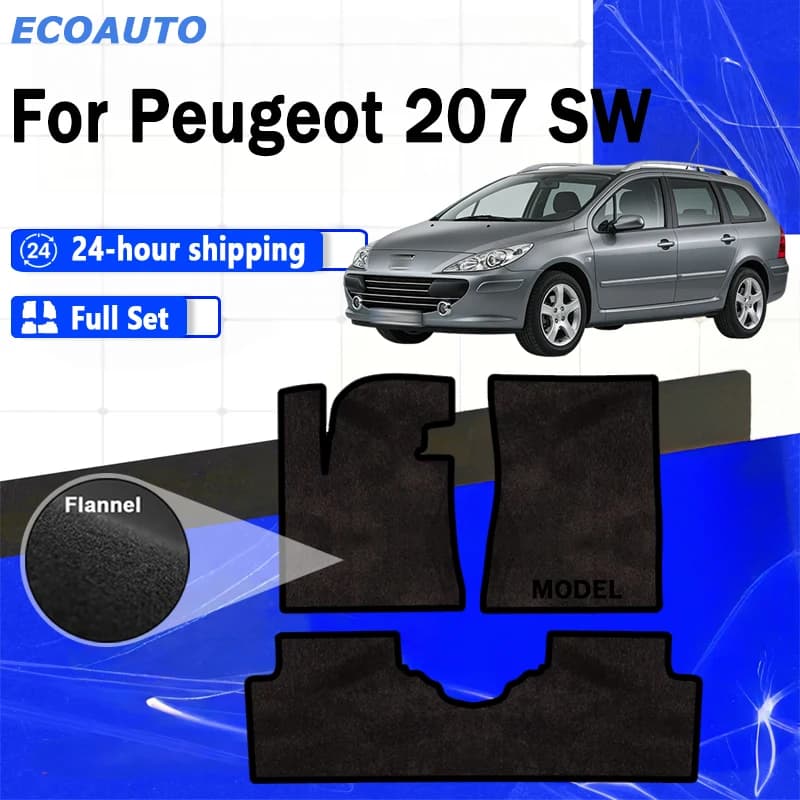 ECOAUTO Flannel Velour rugs set for Peugeot 207 SW, station wagon, hatchback (2006 2007 2008 2009-2012) -Black