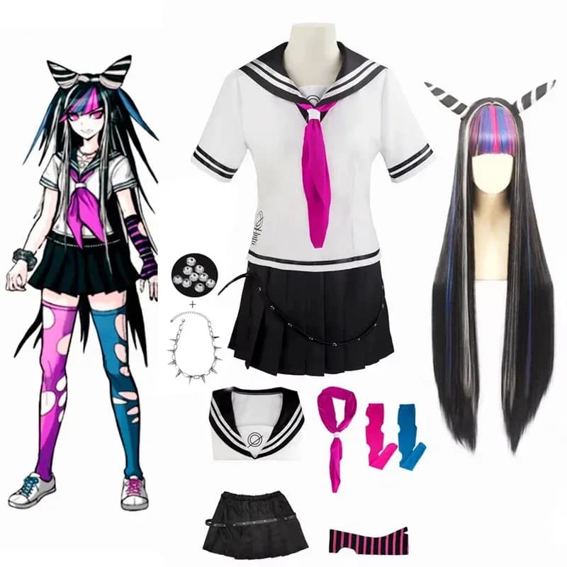 Super DanganRonpa 2 Mioda Ibuki Costume Cosplay Set completo Top Gonna Calzino Sciarpa Uniforme da marinaio Jk Uniforme