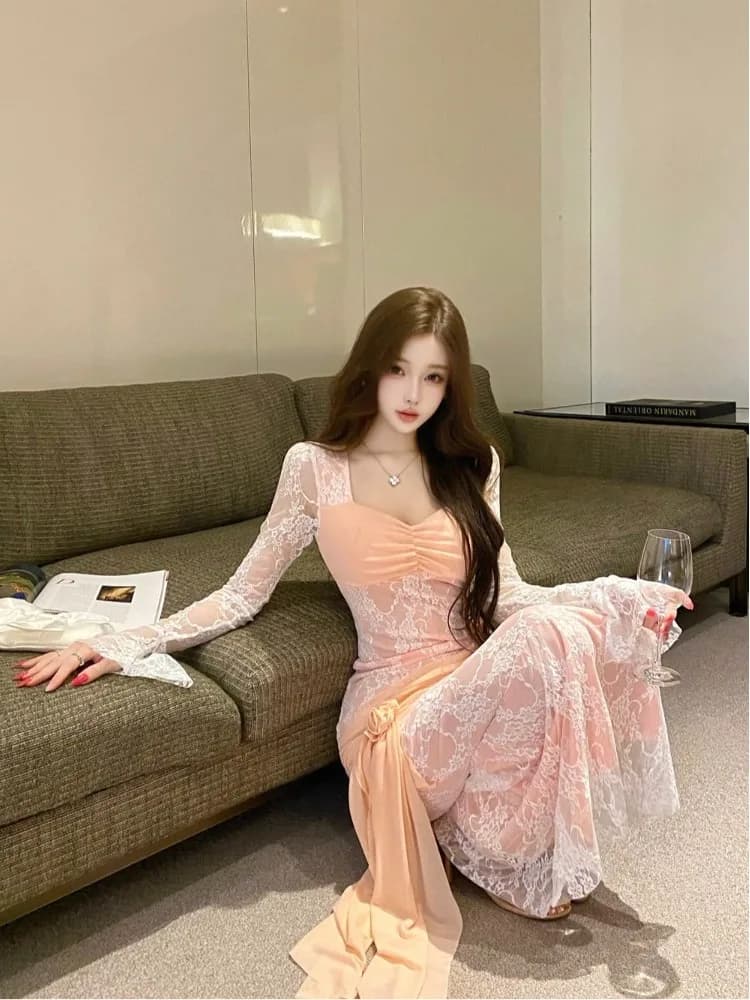 Sexy Pure Desire Lace Splice Design Long Sleeve Waist Cinched Bodycon Fish Tail Dress Long Dress Women Autumn Fashion Elegant