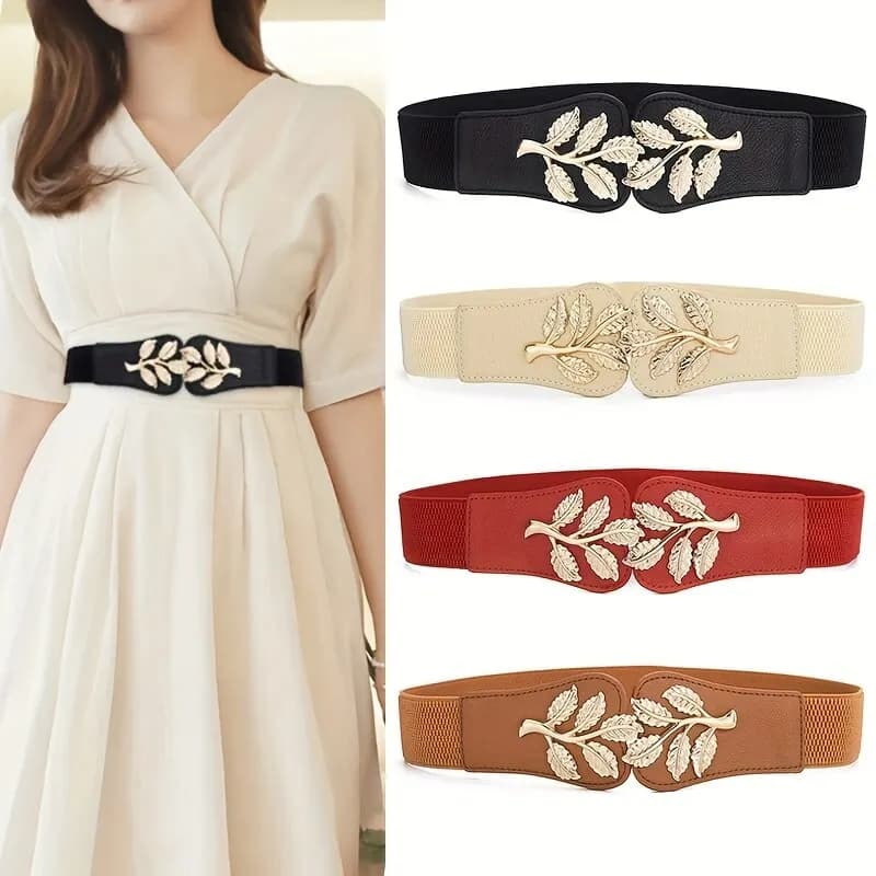 Women's Waist Covers Fashionable waist elastic closure with gold leaf with double hook buckle Wide belt matched with skirt Women's belt