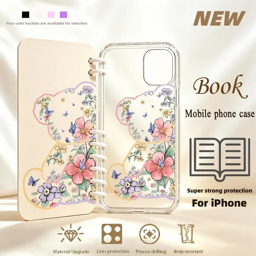 Floral bear outline Book-style All-inclusive phone case for iPhone 17、16、15、14、13、12、11pm Pro Plus Double-sided Dropresistant