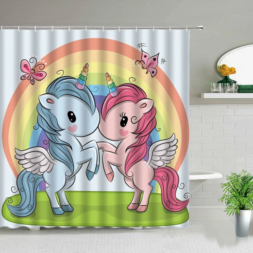 Cartoon Animal Unicorn Tende da doccia Arcobaleno Farfalla Bambini Baby Bagno Decor Set di tende da bagno Tessuto impermeabile