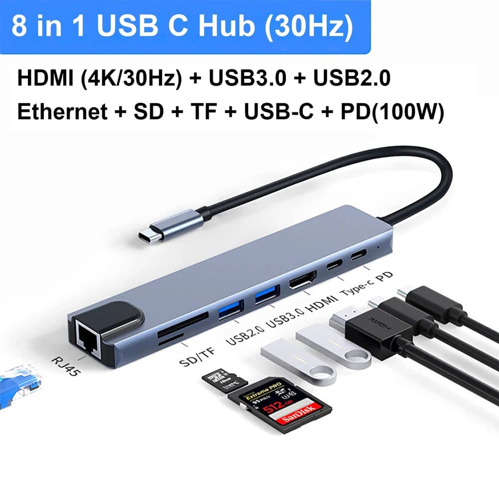 USB Hub C SD/TF Card Reader 8 in 1 HDMI Converter USB Ethernet Cable 3.0/2.0 OTG Card Reader Charging Base for MacBook/Pro