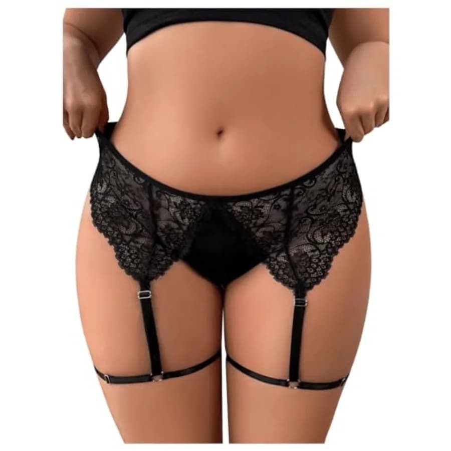 OYOANGLE Reggicalze in Pizzo Trasparente Taglie Forti da Donna, Lingerie Sexy, Mutandine con Bordo Ondulato, Intimo